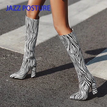 Joelho Alto Botas de bico Robusto Bloco de Impressão de Zebra para as Mulheres Apontou Toe Salto Alto Sapatos de Senhoras Grossas Botas de Salto z643