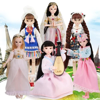 Seis trajes nacionais xiaojing menina boneca conjunta corpo bjd, incluindo roupas, sapatos e caixa de 25cm fress de envio do presente