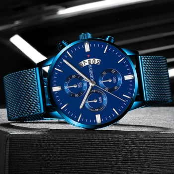 GENEBRA Relógio masculino Calendário de Azul de Aço Inoxidável Relógios de Marca TOP de Luxo Correia Analógico Relógio de Pulso de Quartzo Relógio relógio masculino