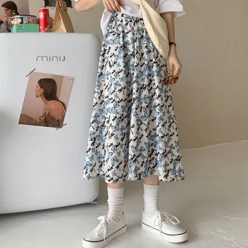 Vintage Borboleta De Impressão De Uma Linha De Saias Longas Plissadas Mulheres Coreano Saia Estilo Streetwear Cordão Elástico Na Cintura Saia Midi