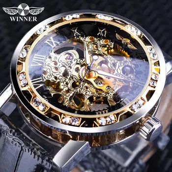 Vencedor De Ouro Preto Retro Mãos Luminosas Moda Diamante Apresentar Mens Mecânica Do Esqueleto Relógios De Pulso Da Marca Top De Luxo Relógio