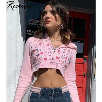 Rockmore Coração Impresso Cortada Doce Hoodies Y2K Estética 90 Vintage Zip Casaco Curto Jaquetas de cor-de-Rosa Casual Capuz Básico
