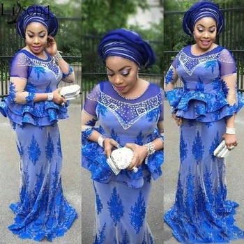 Plus Size Africana Azul Royal, Vestidos De Baile, Sereia Frisado Nigeriano Apliques De Renda Aso Ebi De Vestidos De Noite De Mãe Do Vestido De Noiva
