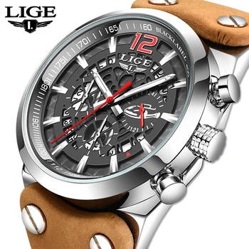 LIGE 2020 Nova Mens Relógios Relógio Marca de Topo Luxo Homens Cronógrafo Relógio de Couro Impermeável Relógio de Desporto Homens Militar relógio de Pulso