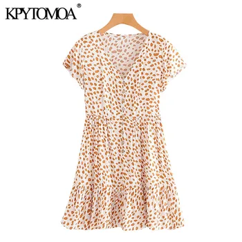 KPYTOMOA Mulheres 2020 Chic de Moda de estampa de Leopardo Babados Mini Vestido Vintage Decote em V Manga Curta Feminina Vestidos de Vestidos Mujer