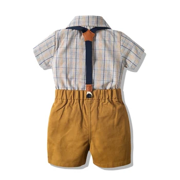 Criança Roupas de 1 a 6 Anos, Meninos de Camisa Listrada + Shorts com Cinto de Moda Conjunto de Roupas para Bebê Menino Curto Ternos KB8071