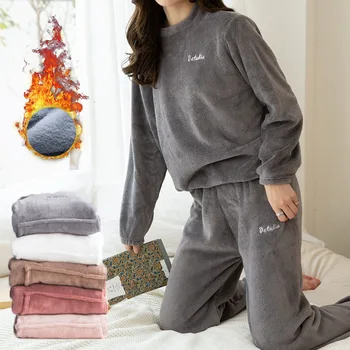 Mulheres Conjunto de Pijama Quente Pijama de Flanela Pijamas Homewear Grossa de Inverno de Veludo Feminina Pijamas de Pelúcia Terno de Moletom com Capuz