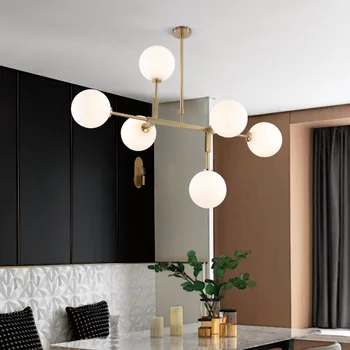 6 moderna da Luz de Bronze Ouro Pingente de Metal Leve E Branco do Leite Bola de Vidro G9 LED Lâmpada Suspensa Para Jantar Sala de estar