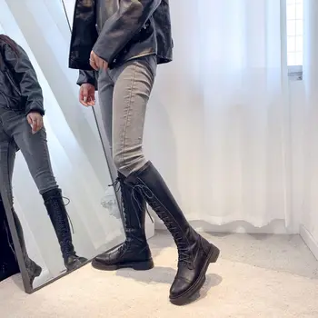 Botas de mulheres 2019 outono botas de cano alto cinta, botas de couro até o joelho alto botas quentes