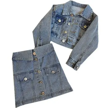 Mihkalev Primavera roupas de crianças meninas conjunto de roupas de jaqueta Jeans+saia 2pieces menina de manga longa, vestidos para o outono de treino de crianças