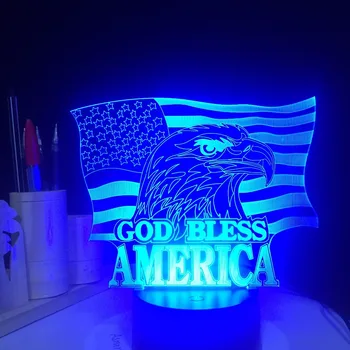 Bandeira americana em 3D Candeeiro de Mesa Novidade Bebê de Cabeceira Decoração Dom Crianças Led Usb Deus Abençoe a Luz da Noite Águia com Botão de Toque, Luminárias