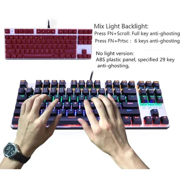 Chave azul Cor da luz de fundo do teclado de Metal Mecânica Teclado 87 teclas de Teclados para Jogos para Tablet Desktop russo adesivo