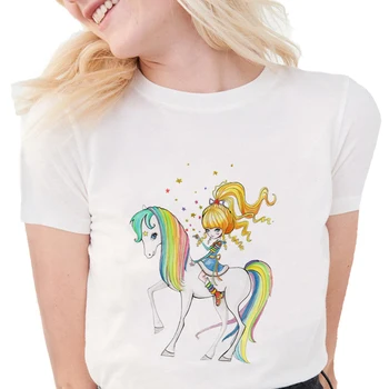 Nova Verão Engraçado Rainbow brite T-Shirt das Mulheres Impresso Colorido Cavalo T-shirts de Algodão Macio, desenhos animados Cumes Brancos S1467