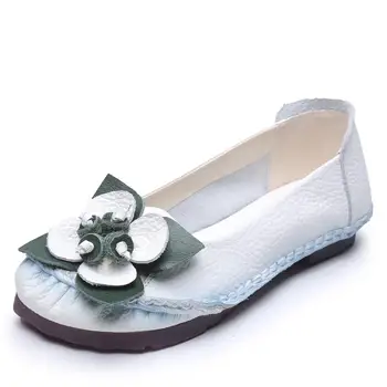 2020 Novas Chegada Designer Vintage Mãe De Verão Womens Sapatos De Couro Genuíno Flats Flor Branca, Sapatos De Couro Mulher Flats