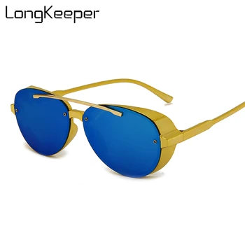 LongKeeper Clássico Punk Homens Óculos De Sol De Marca Designer Vintage, Armação De Metal Óculos De Sol Masculino Moda Piloto Óculos Gafas De Sol
