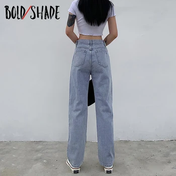 Sombra negrito Mulheres de 90 Estilo Jeans de Cintura Alta Sólidas Soltas Reta Calças Para o Inverno Outono Y2k coreano Moda Indie Jeans 2020