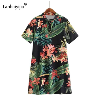 Lanbaiyijia mais Recente vestido de Verão das Mulheres Stand Gola Manga Curta Mini Vestido tropical personalizado Selva de impressão mulheres de vestido S M L