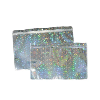100 Pcs Estrelas Holograma Folha De Alumínio E Transparente Buraco Redondo Zip Lock Sacos De Roupas Íntimas De Vestuário, Meias, Camisa De Presente Da Jóia Pouche