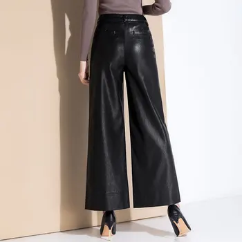 Moda de inverno da mulher grossa de couro genuíno calças de cintura alta casual pele de Ovelha calças feminino de veludo preto de perna larga calças F521