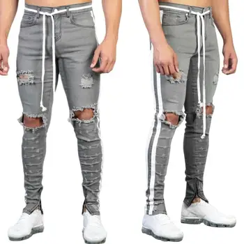 Cofekate Rua Estilo de Jeans para Homens Moda Joelho Buraco de Jeans, Calças Angustiado Cinza Slim Fit Calça de Bandagem de calças de Brim de Mens