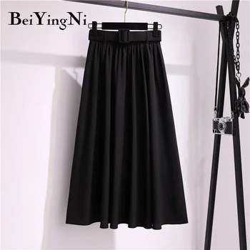 Beiyingni Coreano Preppy Style Midi Plissada Saia Com Cinto Vintage Casual Elegante Cintura Alta Senhoras De Saia Maxi Longo Faldas Mujer
