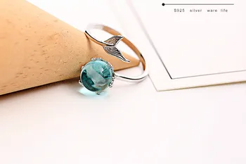 Prata 925 Esterlina de Abrir o Cristal Azul Sereia Anéis para Mulheres Meninas a Presente Declaração de Jóias de Tamanho Ajustável Anel de Dedo