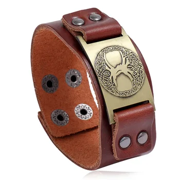 Vintage Ampla Genuíno Bracelete de Couro de Cor Prata Amuleto com a Árvore da Vida Viking Wicca Pulseira de Mens Presente