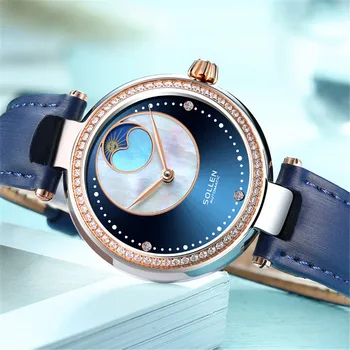 SOLLEN Azul Mulheres Relógios de Senhoras Relógio de Diamantes Fase da Lua Couro Feminino Automáticos os Relógios Mecânicos Para Meninas Montre Femme