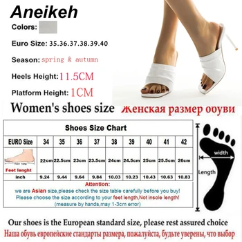 Aneikeh NOVO Sexy Plissado PU Mulheres Mulas Verão Cabeça SquarePeep Dedo Fino Moda do Salto Alto de Deslizamento Em Slides Senhoras Festa do Sapato Branco