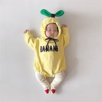 0-24M Recém-nascido Criança Babys Menina Menino Roupas de Banana, Manga Longa com Capuz Romper do Algodão Simples Macacão de Corpo Superior Bonito Roupa