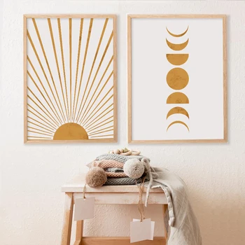 O sol e a Lua Fases Boho Amarelo e Bege Meados do Século Tela Viveiro Imagem do Poster de Impressão Quarto de Crianças, Arte de Parede Decoração da Casa