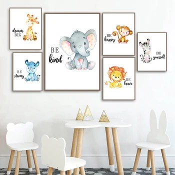 Safari De Elefante, Zebra, Girafa Leão Arte De Parede Animal Print De Tela De Pintura Nórdica Bebê Do Berçário Cartaz Crianças De Imagem Decoração Do Quarto