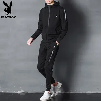 Playboy dos homens de moda fino de algodão confortável suor-absorvente e respirável esportes roupas em execução jaqueta calças roupa de duas peças
