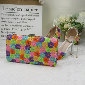 Moda multicolorida de Flores do Casamento Sapatos Combinando Com Sacos de Salto Alto Apontado Toe Ankle Strap Senhoras Festa de sapato e bolsa conjunto