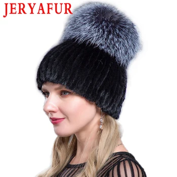 JERYAFUR russo moda em vison com estampa pele de raposa chapéu de moda de inverno para mulheres de peles de vison tampa de esqui cap pele pac