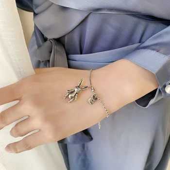 Bonito engraçado mecânica coelho hip hop sorte bracelete de prata da maré selvagem simples jóias para fashiom mulheres presentes