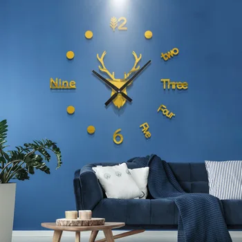 DIY 3D Cabeça de Cervo Criativo Relógio de Parede de Acrílico, Decoração de Quarto de Personalidade Adesivo de Parede Relógio Moderno e Minimalista Relógio Silenciosa