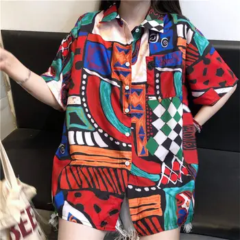 NiceMix Mulheres Roupas Bolsos Vire para baixo de Gola Geométricas Harajuku ulzzang camisetas mujer mangá corta moda Soltas, Camisas quente
