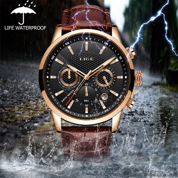 LIGE Relógio Masculino Presente Mens Relógios de Marca Top de Luxo Homens Militar do Esporte relógio de Pulso de Couro Relógio de Quartzo conjuntos de quarto de saat 2019