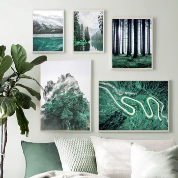 Verde Forset Árvore Lago De Montanha Nuvem Do Céu Arte De Parede De Lona Da Pintura Nórdica, Cartazes E Estampas De Parede Fotos De Decoração De Sala De Estar