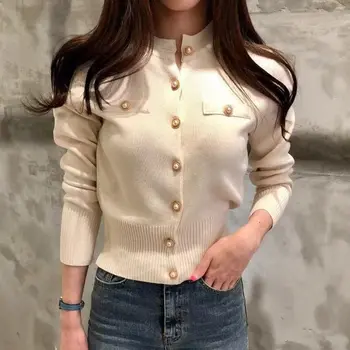Moda Das Mulheres Suéter De Primavera De Malha De Manga Longa Curta Casaco Casual Único Breasted Coreano Slim Elegante De Senhoras Topo
