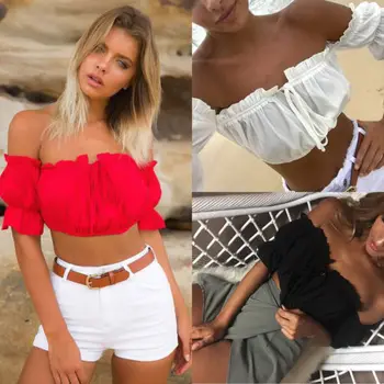 Mulheres de Verão de Três Cores Sólidas Sexy Off Ombro Liso Manga Curta com Barra Pescoço Casual camisa Short