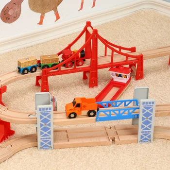 Trem de madeira Faixas Ferroviária Conjunto de Brinquedos de Madeira de dois andares de Ponte de Madeira Acessórios Viaduto Modelo de Criança Brinquedos para Crianças Presentes