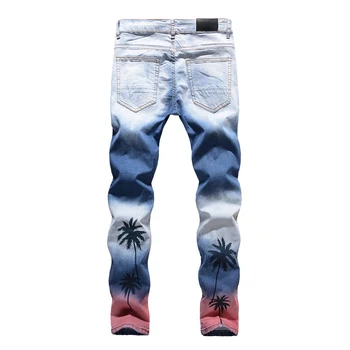 Novos Homens da moda masculina casual de coco palm impresso colorido ripped jeans Slim fit buracos angustiado jeans stretch calças calças