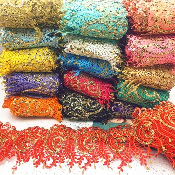 10yards Vintage design Metalizado Motivo Bordado Glitter poder Nigéria Veneza Guarnição do Laço de Cordão de Crochê