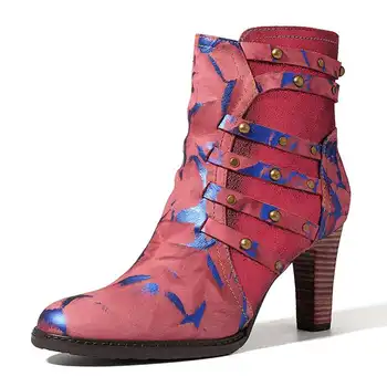Socofy Moda Rebite De Alta Calcanhar Ankle Boots Para As Mulheres Sapatos De Mulher Apontou Toe Zíper Emenda De Couro Genuíno Botas De Inverno Mujer
