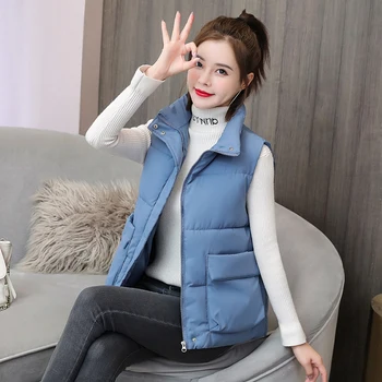Mulheres Oversize Colete 6 cores 2020 Inverno Nova-coreano Zíper Colete de Moda Feminina cor Sólida Cintura Algodão Jaqueta Colete Mulheres