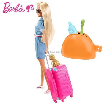 Original Boneca Barbie Viajar Com Cachorro Mala Playset Menina de Brinquedo de Presente Engraçado Com Acessórios Vários Adesivos Menina Presentes FWV25