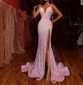 Bling Bling cor-de-Rosa Sereia Vestidos de Noite 2020 Espaguete Correias Namorada Sexy Vestidos de Baile, com Fenda de Lantejoulas Longos Vestidos de Noite