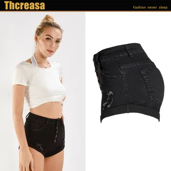 Mulheres curto calças de Brim das mulheres enrolado wide leg pants do verão das mulheres botão flanging puro preto de cintura alta jeans